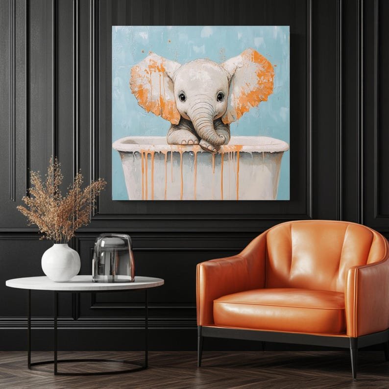 Elephant In Bathtub, Canvas or Poster, Cute Animal Wall Art, Bathroom Decor, Nursery Wall Hanging, Whimsical Elephant Painting, Home Decor - Image 3