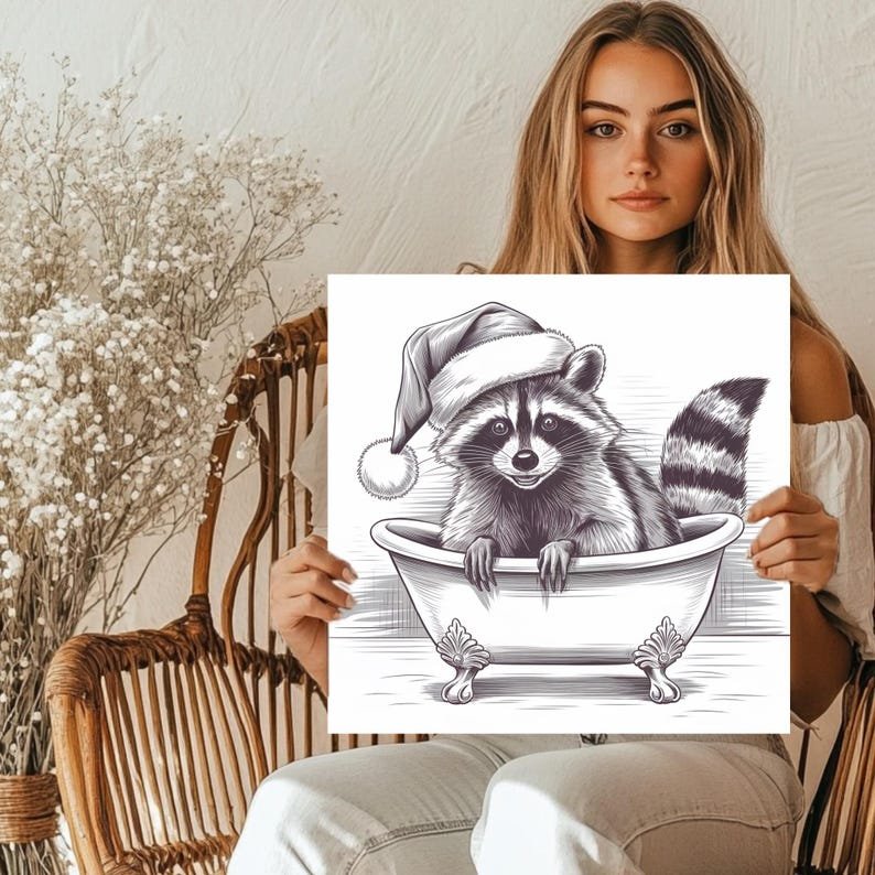 Christmas Raccoon Art, Canvas Or Poster, Christmas Decor, Holiday Art, Bathtub Art, Animal Bathroom Art, Raccoon In Bathtub, Bathroom Decor - Image 5