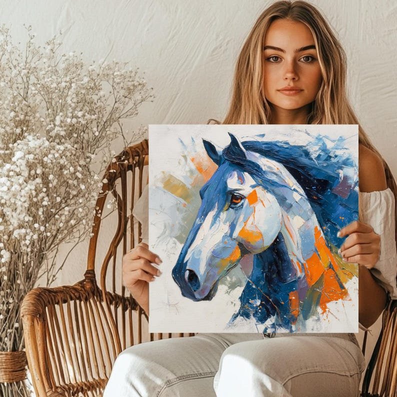 Abstract Horse Wall Art, Canvas or Poster, Modern Equestrian Decor, Blue Orange Horse Painting, Living Room Wall Decor,Horse Lover Gift Idea - Image 5