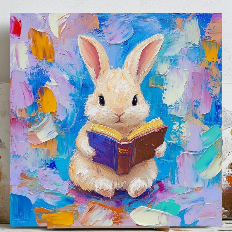 Bunny Wall Art, Canvas Or Poster, Rabbit Wall Decor, Animal Home Decor, Kids Decor, Living Room Decor, Book Lover Decor, Reading Art