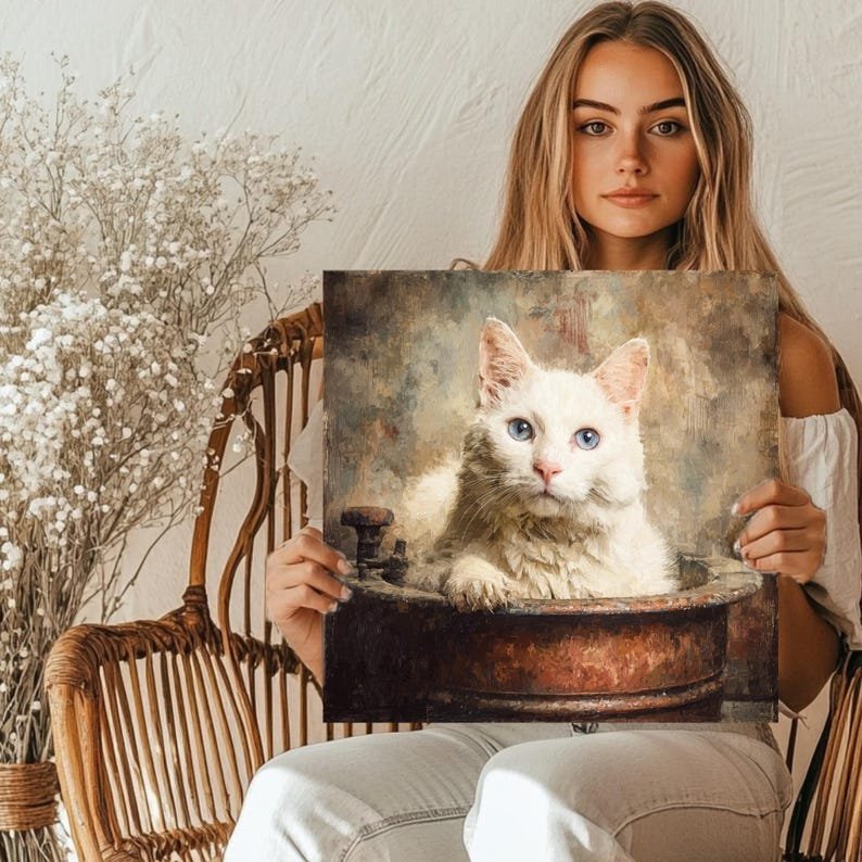 Fluffy White Cat Wall Art, Cute Kitten Print, Persian Cat Illustration, Vintage Cat Painting, Digital Download, Cat Lover Gift, Home Decor - Image 5