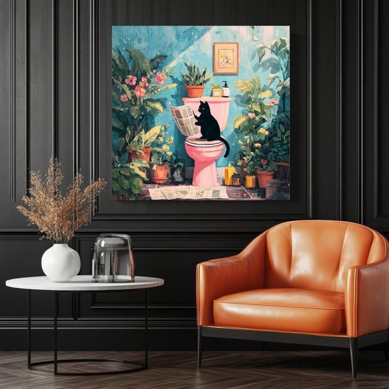 Japanese Black Cat Reading Newspaper, Canvas Or Poster, Funny Animal Decor, Bathroom Decor, Living Room Decor, Modern Wall Art, Cat Wall Art - Image 3
