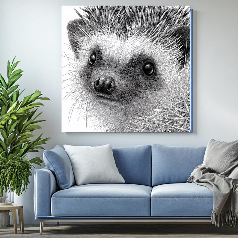 Hedgehog Wall Art, Canvas or Poster, Black and White Pen Ink Drawing, Woodland Animal Nursery Decor, Modern Minimalist Kids Room Wall Decor - Image 3