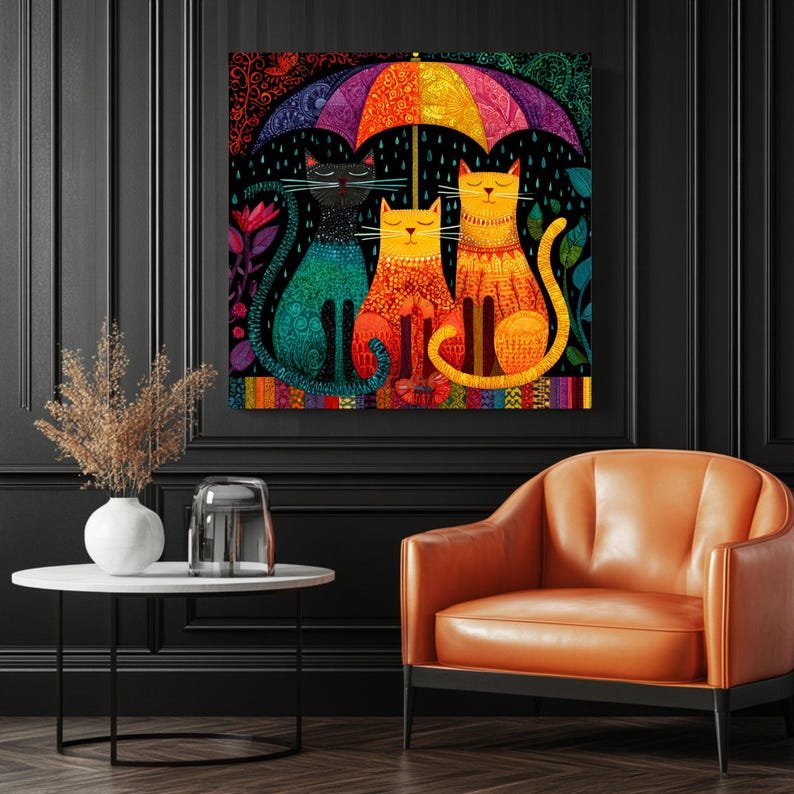 Colorful Cats Under Umbrella, Canvas or Poster, Cute Animal Wall Art, Modern Boho Decor, Living Room Wall Hanging, Whimsical Cat Print - Image 3