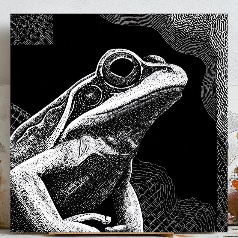 Frog Wall Art, Black and White Frog Print, Canvas Or Poster, Stippling Animal Decor, Modern Nature Art, Office Wall Decor, Toad Wall Hanging