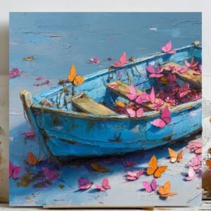 Blue Boat With Butterflies Art, Canvas or Poster, Whimsical Coastal Decor, Romantic Wall Art, Living Room Bedroom Home Decor, Minimalist Art