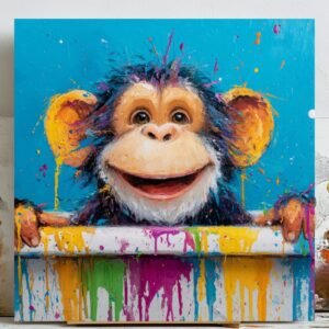 Colorful Monkey Wall Art, Canvas or Poster, Cute Animal Painting, Vibrant Abstract Decor, Kids Room Wall Hanging, Playroom Home Art