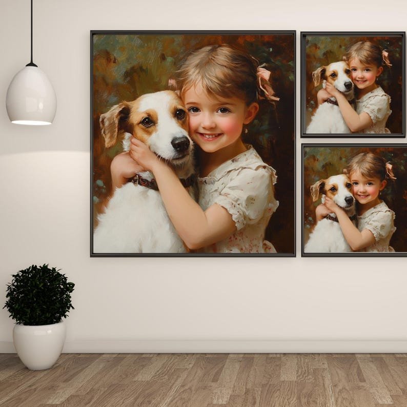 Child With Dog Wall Art, Canvas or Poster, Sweet Childhood Portrait, Nursery Wall Art, Kids Room Decor, Family Memory Artwork,Pet Lover Gift - Image 2