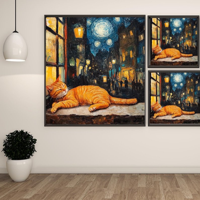 Ginger Cat Wall Art, Canvas or Poster, Animal Decor, Van Gogh Style Art, Starry Sky Cityscape, Living Room Wall Hanging, Gift For Cat Mom - Image 2