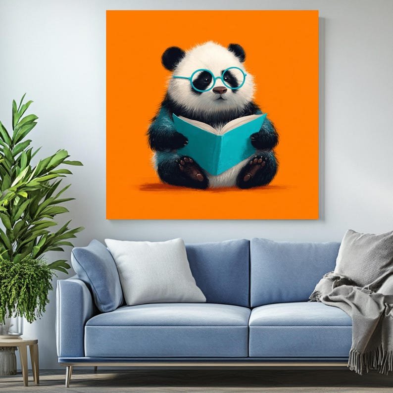 Reading Panda Wall Art, Canvas or Poster, Nursery and Classroom Decor, Kids Room or Playroom Wall Art, Orange Blue White Animal Illustration - Image 4