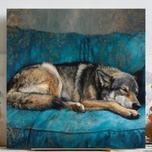 Wolf Sleeping Wall Art, Canvas Or Poster, Animal Decor, Living Room Decor, Contemporary Art, Home Wall Art, Whimsical Art, Cozy Wolf Poster