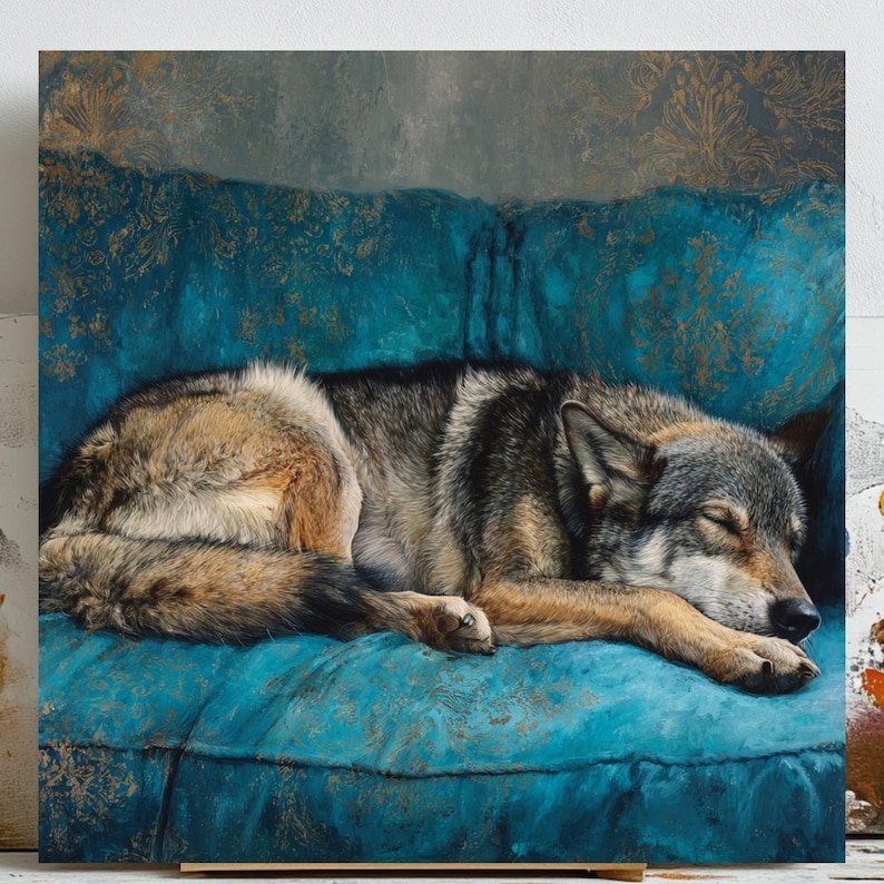 Wolf Sleeping Wall Art, Canvas Or Poster, Animal Decor, Living Room Decor, Contemporary Art, Home Wall Art, Whimsical Art, Cozy Wolf Poster
