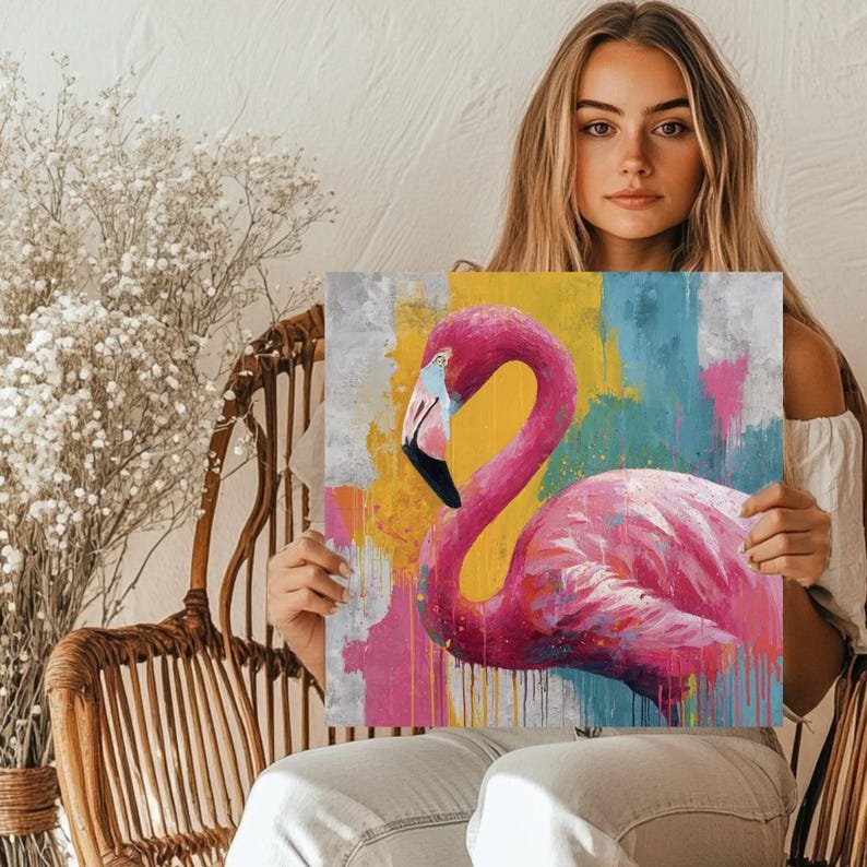 Pink Flamingo Wall Art, Canvas or Poster, Abstract Animal Painting, Colorful Tropical Decor, Modern Living Room Wall Decor, Vibrant Bird Art - Image 5