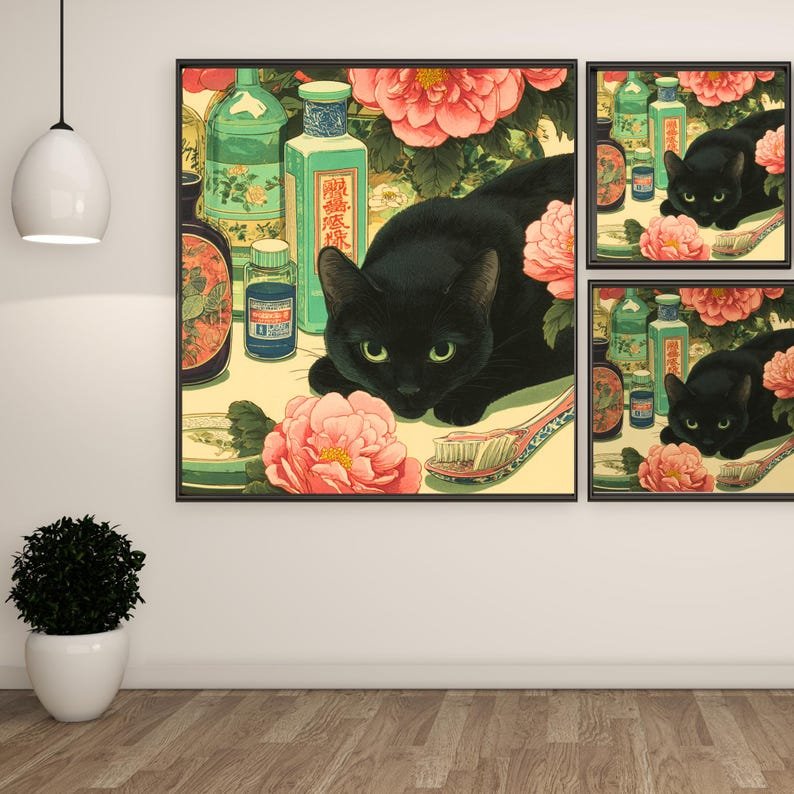 Floral Black Cat Wall Art, Canvas or Poster, Botanical Animal Wall Decor, Home Office Wall Art, Bathroom Decor, Perfect Gift Idea,Home Decor - Image 2