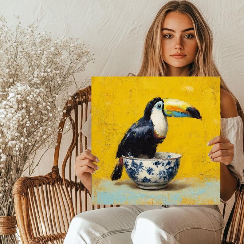 Toucan Bird Oil Painting Canvas Or Poster, Tropical Bird Wall Art, Yellow Kitchen Decor, Whimsical Animal Art, Eclectic Living Room Decor - Image 5