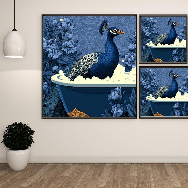 Peacock in Bathtub Wall Art, Canvas Or Poster, Funny Bathroom Decor, Blue Floral Peacock Painting, Quirky Animal Wall Decor, Powder Room Art - Image 2