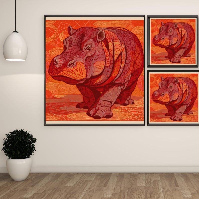 Vibrant Hippo Wall Art, Canvas Or Poster, African Animal Decor, Modern Living Room Art, Hippopotamus Print, Warm Orange Decor, Hippo Gift - Image 2