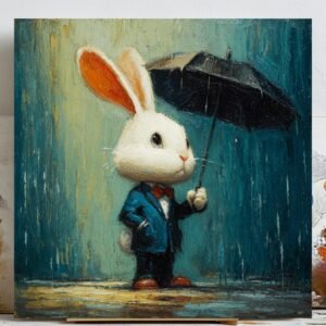 Rabbit With Umbrella, Canvas Or Poster, Kids Decor, Modern Decor, Animal Decor, Living Room Decor,Office Decor,Rabbit Wall Hanging,Bunny Art