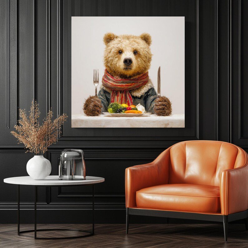Bear Dining Table Wall Art, Canvas Or Poster, Rustic Cabin Decor, Woodland Kitchen Art,Funny Animal Decor,Unique Dining Room Print,Bear Gift - Image 3