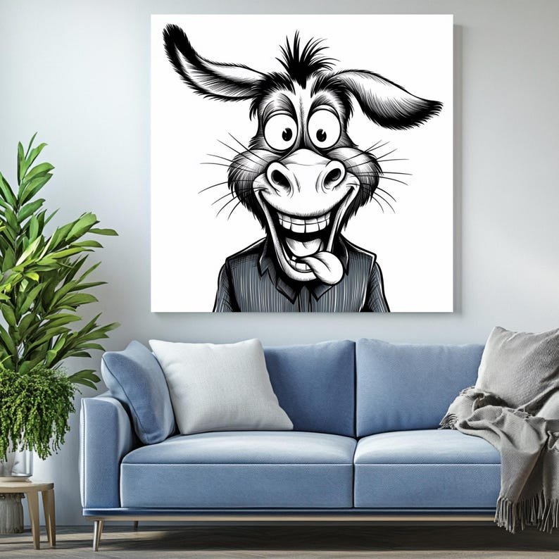 Donkey Cartoon Portrait, Canvas or Poster, Funny Animal Wall Art, Whimsical Farmhouse Decor, Living Room Office Kids Room Wall Hanging - Image 4
