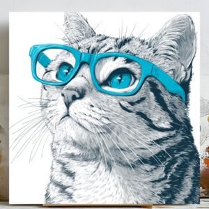 Blue Glasses Cat Wall Art, Canvas Or Poster, Modern Animal Wall Decor, Cat Print, Cool Pet Wall Hanging, Living Room Bedroom Office Wall Art