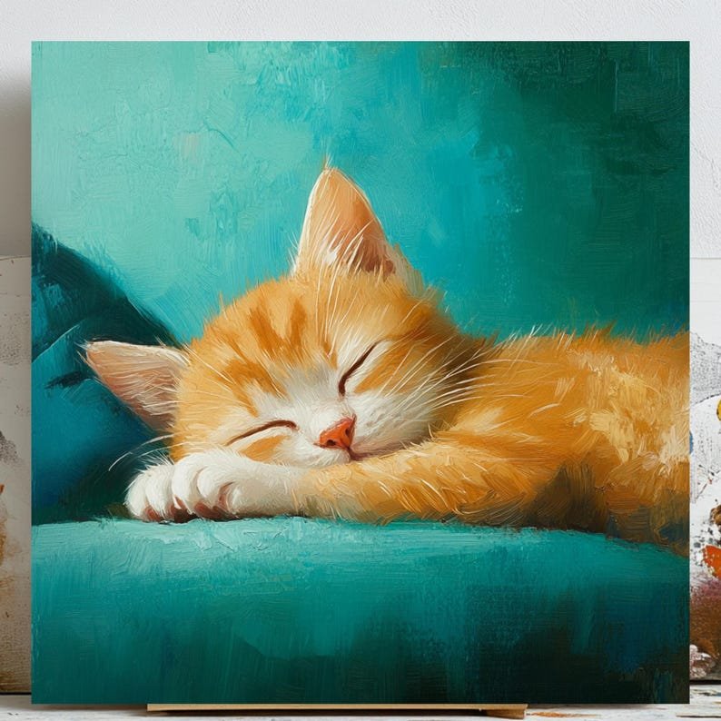 Sleeping Kitten Wall Art, Canvas or Poster, Cat Wall Decor, Whimsical Animal Art, Living Room Bedroom Nursery Wall Hanging, Pet Owner Gift