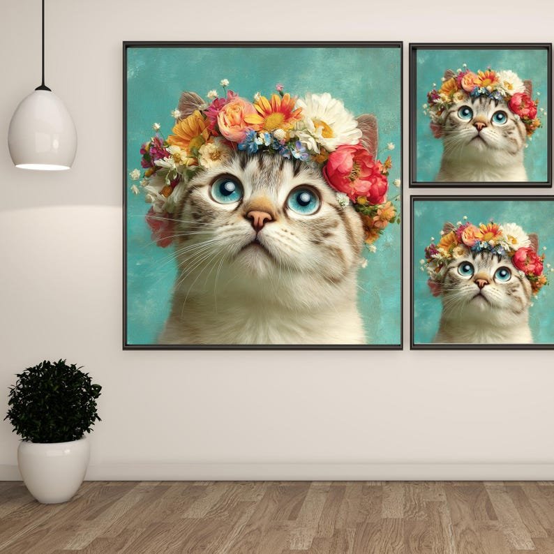 Cat With Flower Crown Wall Art, Canvas Or Poster, Whimsical Pet Portrait, Nursery Wall Decor, Cute Animal Art, Cat Lover Gift, Teal Boho Art - Image 2