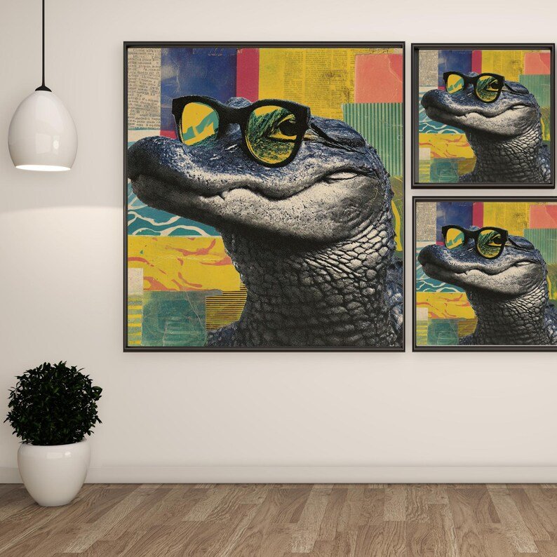 Crocodile Art, Canvas or Poster, Modern Rustic Decor, Living Room Bedroom Office Wall Art, Green Teal Brown and Gold - Image 2