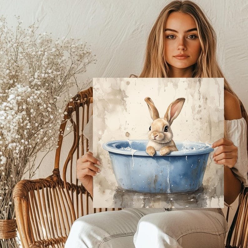 Rabbit In Bathtub, Canvas Or Poster, Bathroom Wall Art, Animal Decor, Bathroom Decor, Nursery Decor, Bunny Wall Art, Rabbit Wall Art Kids - Image 5