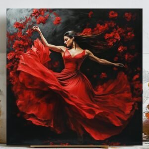 Lady in Red Dress, Canvas or Poster, Dancing Woman Art, Red Dress Wall Decor, Floral Lady Wall Art, Living Room Decor, Feminine Decor