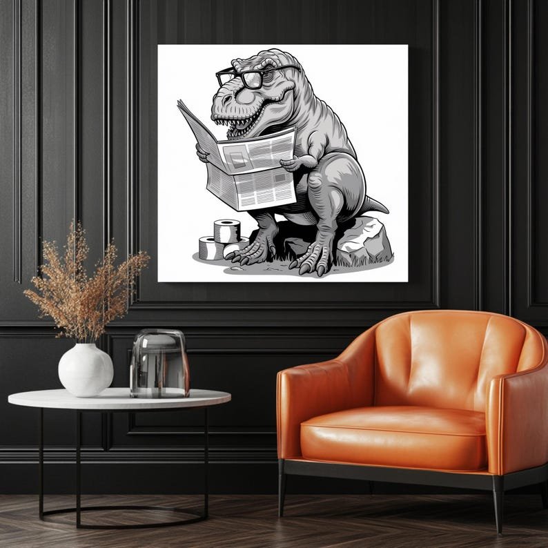 Dinosaur Art, Poster or Canvas, Vintage Pop Art Decor, Living Room Office Game Room Wall Art, Black White Yellow Brown, Nerdy T Rex Reading - Image 3