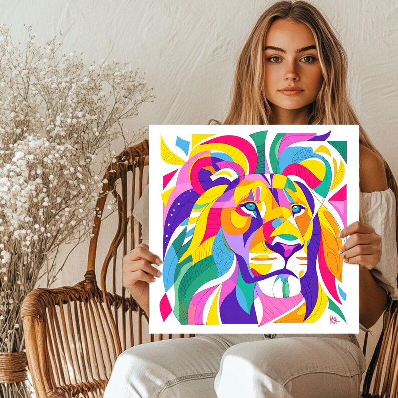 Colorful Lion Wall Art, Canvas Or Poster, Abstract Lion Decor, Modern Living Room Decor, Vibrant Animal Art, Lion Head Print, Geometric Art - Image 4