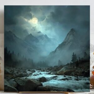 Moonlit Mountain Landscape Wall Art, Canvas or Poster, Nature Scenery Home Decor, River & Forest Wall Hanging,Rustic Bedroom Living Room Art