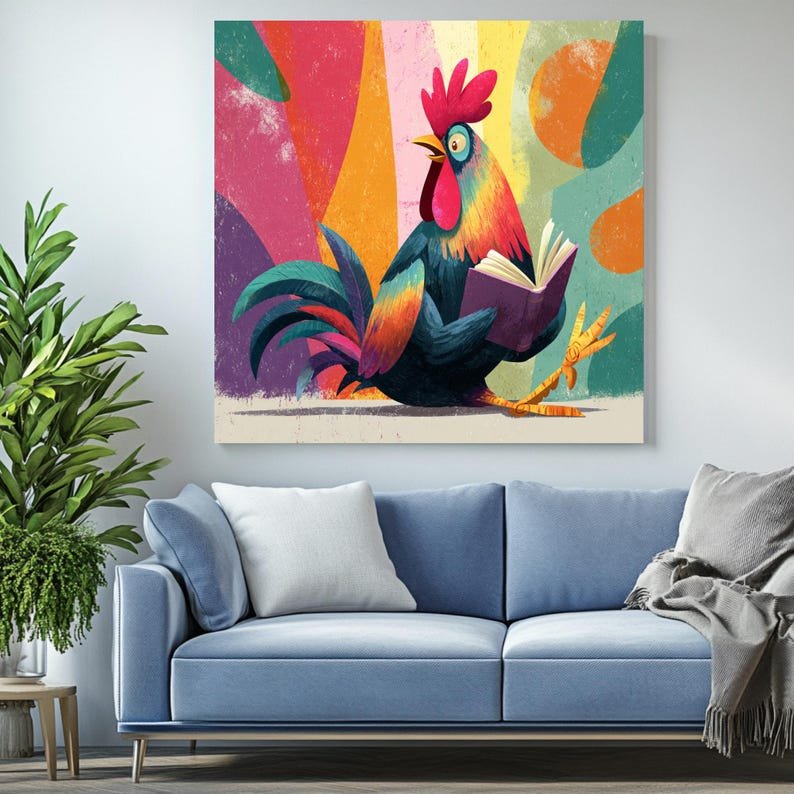 Rooster Reading Book Wall Art, Canvas Or Poster, Colorful Farm Animal Decor, Kids Room Decor, Library Art, Whimsical Book Lovers Gifts - Image 3