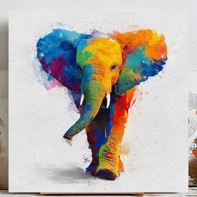 Colorful Elephant Wall Art, Canvas or Poster, Animal Painting, Home Decor, Living Room Bedroom Art, Safari Wall Art, Elephant Wall Hanging