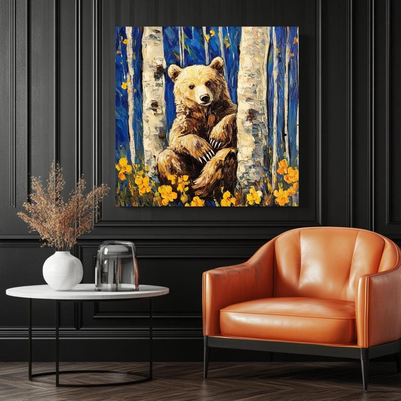 Birch Tree With Bear Wall Art, Canvas Or Poster, Bear Wall Hanging, Wall Art, Contemporary Wall Decor, Home Decor, Wall Decor, Modern Art - Image 3