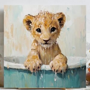 Lion Cub In Bathtub, Canvas Or Poster, Animal Decor, Bathroom Wall Art, Whimsical Lion Art, Kids Bathroom Decor, Nursery Wall Art,Home Decor