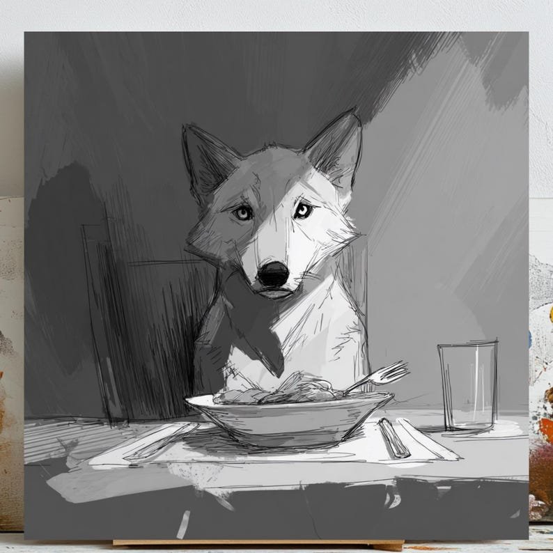 Wolf At Dinner Table, Canvas Or Poster, Animal Wall Art, Living Room Dining Room Art, Wolf Print, Contemporary Wall Hanging, Wolf Decor