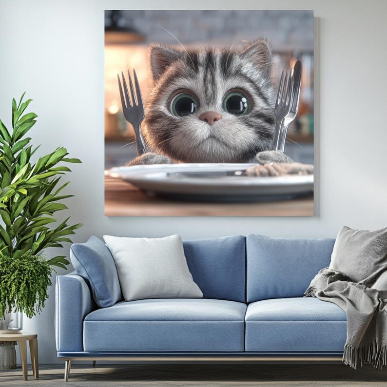 Cute Hungry Cat Wall Art, Canvas Or Poster, Nursery Decor, Kids Room Art, Kitchen Wall Decor, Home Decor, Whimsical Animal Art, Wall Hanging - Image 4