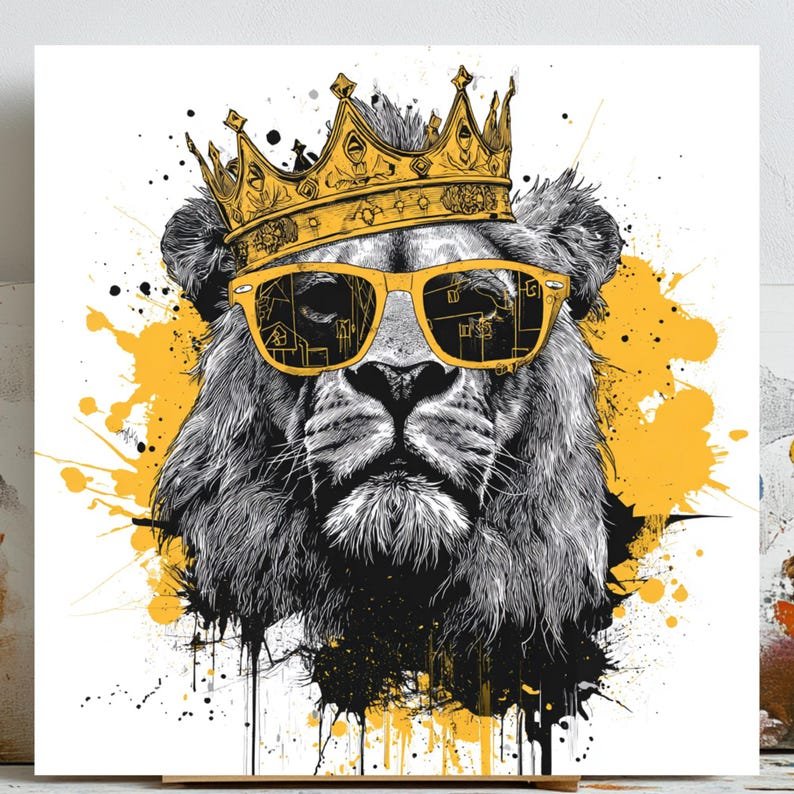 Lion King Art, Canvas or Poster, Pop Art Bohemian Glam Decor, Living Room Office Game Room Wall Art, Multicolor Blue Yellow Red Art