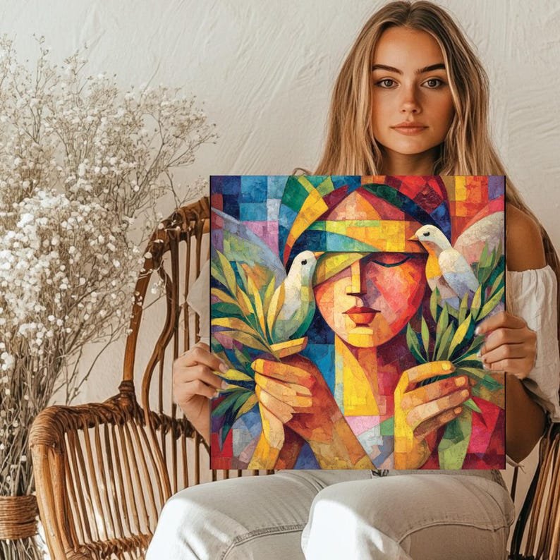 Cubist Woman With Doves Wall Art, Canvas or Poster, Abstract Art Print, Modern Colorful Wall Decor, Contemporary Home Wall Hanging - Image 5