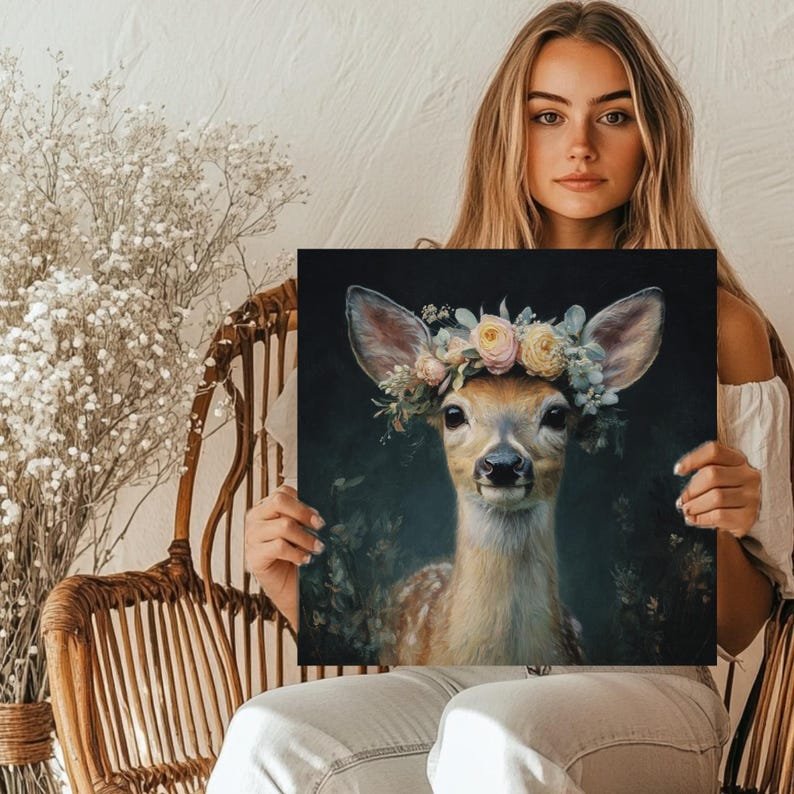 Deer Wall Art with Flower Crown, Canvas or Poster, Woodland Nursery Decor, Baby Girl Room Art, Whimsical Fawn Painting, Boho Home Wall Decor - Image 5