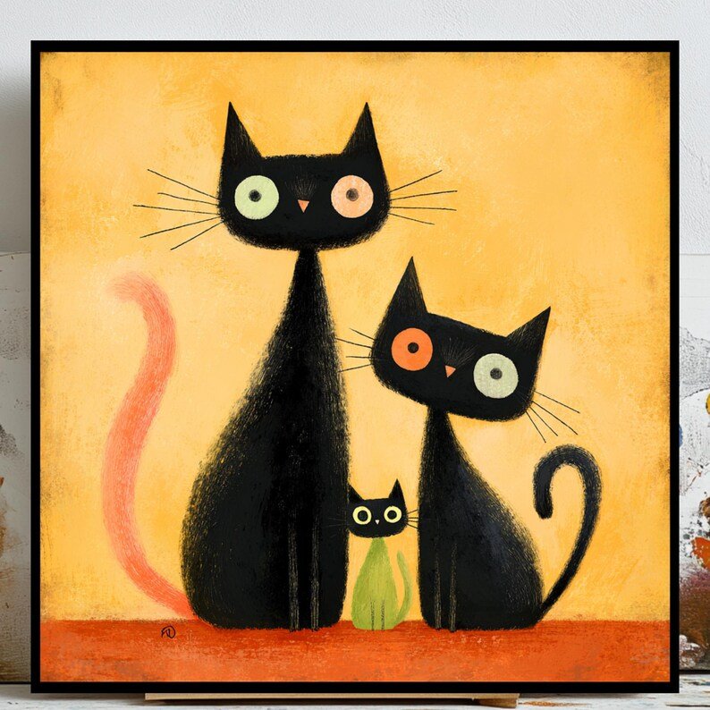 Whimsical Cat Family Canvas Or Poster, Animal Wall Decor, Home Decor, Kids Room Decor, Living Room Decor, Modern Decor, Playful Cat Artwork