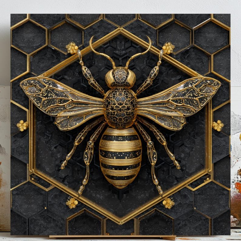 Gold Bee Wall Art, Canvas Or Poster, Luxury Insect Print, Honeycomb Decor, Modern Home Wall Art, Black And Gold Illustration, Office Art