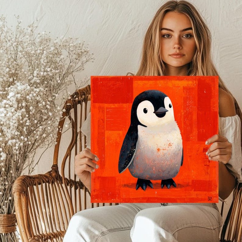 Cute Penguin Wall Art, Canvas Or Poster, Nursery Wall Decor, Kids Room Art, Modern Animal Painting, Vibrant Orange Background, Penguin Gift - Image 4