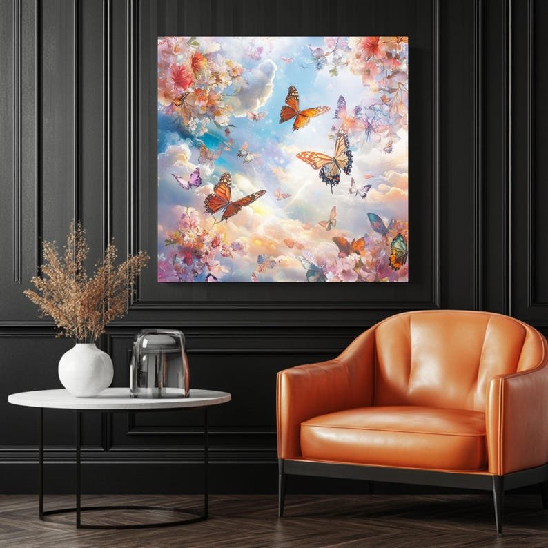 Butterfly Wall Art, Poster or Canvas, Dreamy Sky Print, Pastel Nursery Decor,Floral Butterfly Poster,Colorful Cloud Art,Whimsical Nature Art - Image 3