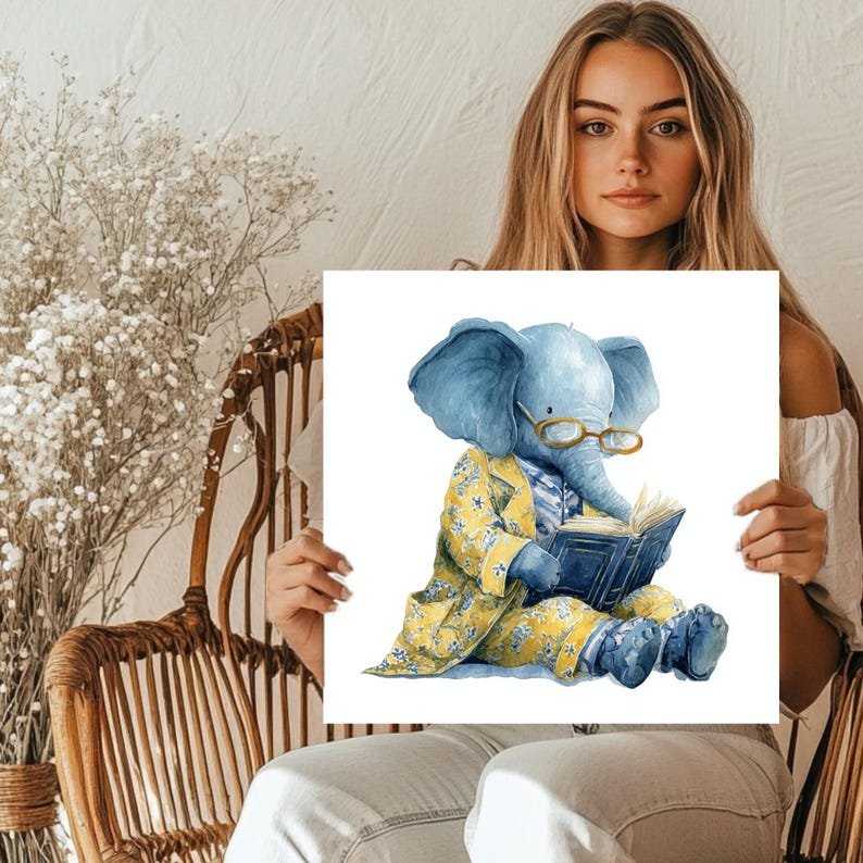 Reading Elephant Wall Art, Canvas Or Poster, Nursery Bedroom Decor, Whimsical Animal Wall Hanging, Blue Yellow Elephant Art, Kids Room Art - Image 5