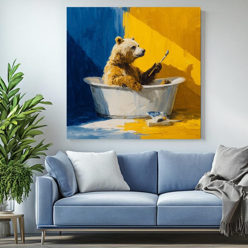 Bear in Bathtub Painting Canvas or Poster, Funny Animal Bathroom Wall Art, Whimsical Artist Bear Decor, Blue and Yellow Impasto Style Art - Image 3