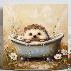 Hedgehog in Bathtub Wall Art, Canvas Or Poster, Floral Bathtub Art, Cute Animal Art, Bathroom Decor, Nursery Wall Art, Animal Decoration