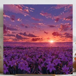 Purple Sunset Field Wall Art, Canvas or Poster, Lavender Flower Landscape Painting, Living Room Bedroom Wall Decor, Tranquil Home Art